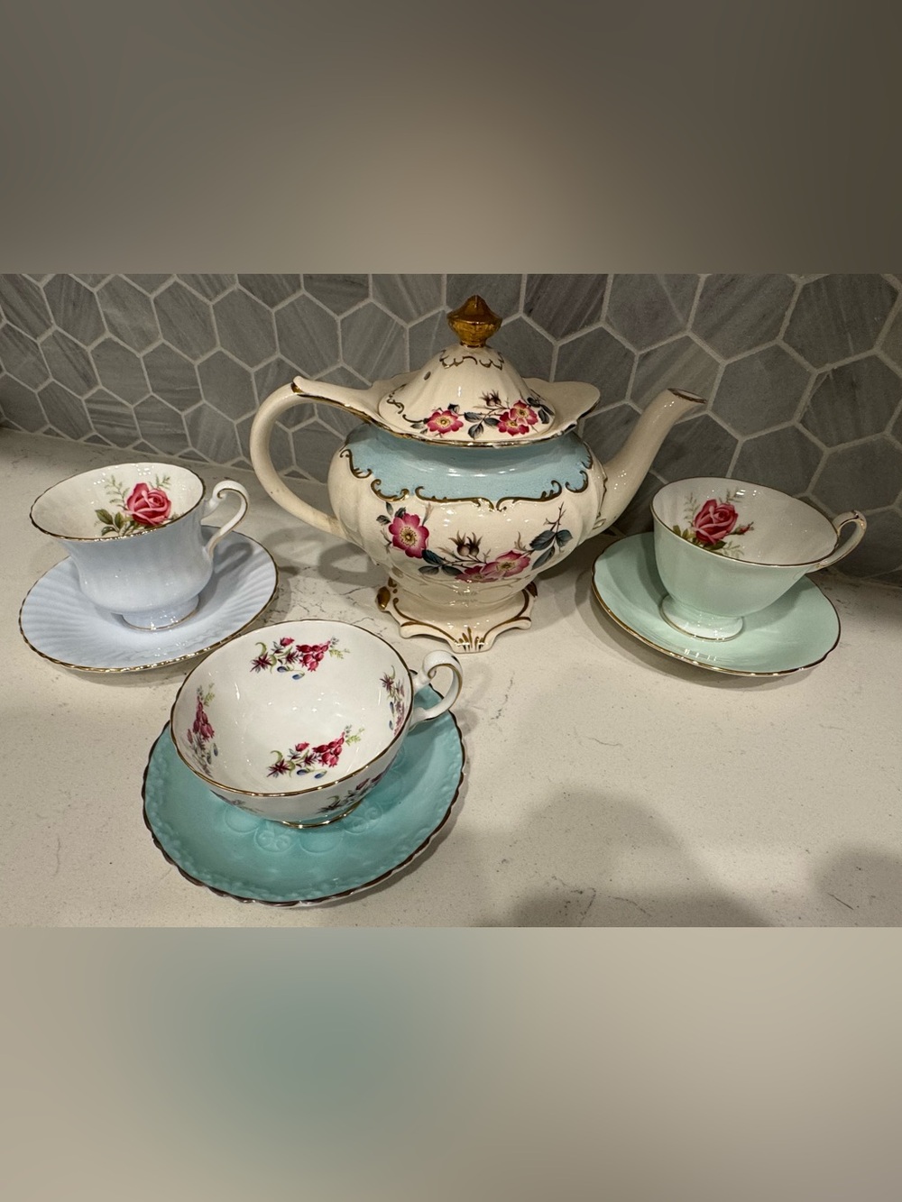 Vintage Sadler Teapot Paragon Harleigh Bone China Floral Tea Set England 7 Piece